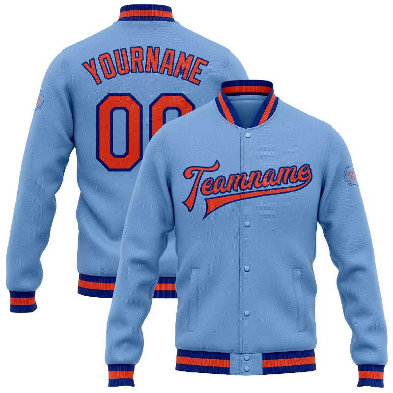 Fashion-Forward Unisex Apparel Limited Edition Custom Light Blue Orange-Royal Bomber Full-Snap Varsity Letterman Jacket