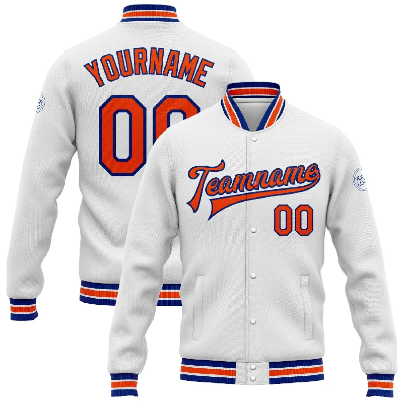 Soft And Breathable Unisex Loungewear Seasonal Style Discounts Custom White Orange-Royal Bomber Full-Snap Varsity Letterman Jacket