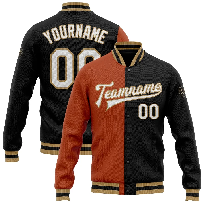 Oversized And Relaxed Unisex Fashion Fashionista Sale Custom Black White Texas Orange-Old Gold Bomber Full-Snap Varsity Letterman Split Fashion Jacket