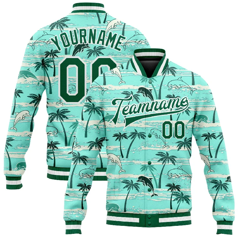 Sleek And Comfortable Unisex Wear Budget Saver Custom Aqua Kelly Green-White Hawaii Palm Trees 3D Bomber Full-Snap Varsity Letterman Jacket