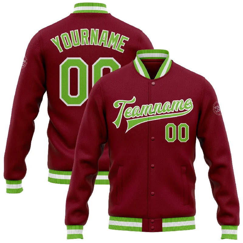 Chic And Casual Unisex Fashion Trends Holiday Attire Sale Custom Crimson Neon Green-White Bomber Full-Snap Varsity Letterman Jacket