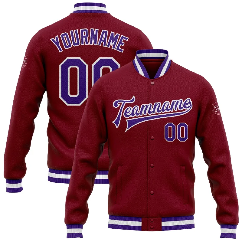 Bold And Trendy Gender-Neutral Outfits Swimwear Summer Blowout Custom Crimson Purple-White Bomber Full-Snap Varsity Letterman Jacket