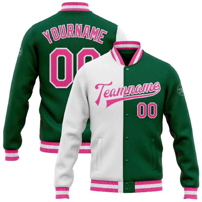 Fashion-Forward Gender-Neutral Outfit Ideas Luxury Casual Deals Custom Kelly Green Pink-White Bomber Full-Snap Varsity Letterman Split Fashion Jacket