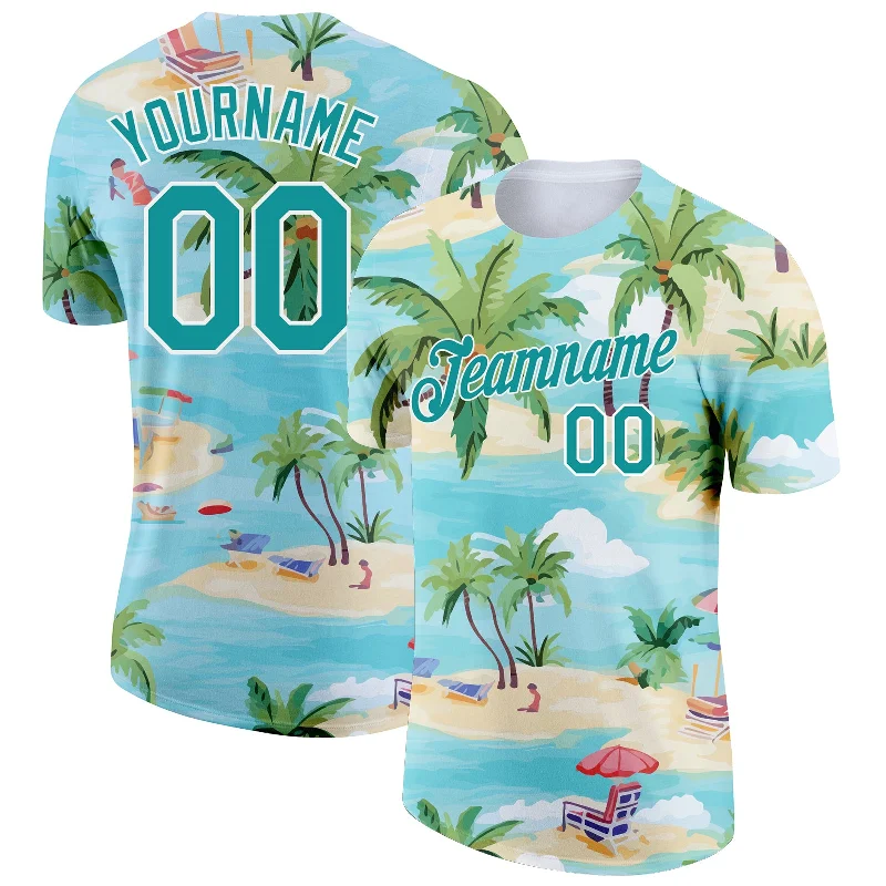 Comfortable Gender-Free Fashion Choices Mega Sale Custom Lakes Blue Teal-White 3D Pattern Design Beach Hawaii Palm Trees Performance T-Shirt