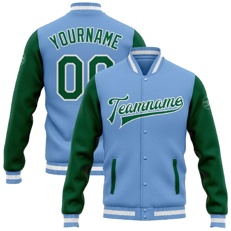 Sustainable And Ethical Unisex Clothing Massive Savings Custom Light Blue Kelly Green-White Bomber Full-Snap Varsity Letterman Two Tone Jacket