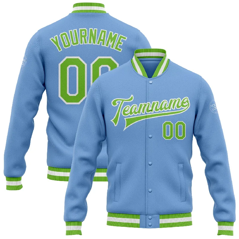 Comfortable Unisex Streetwear Mega Sales Custom Light Blue Neon Green-White Bomber Full-Snap Varsity Letterman Jacket