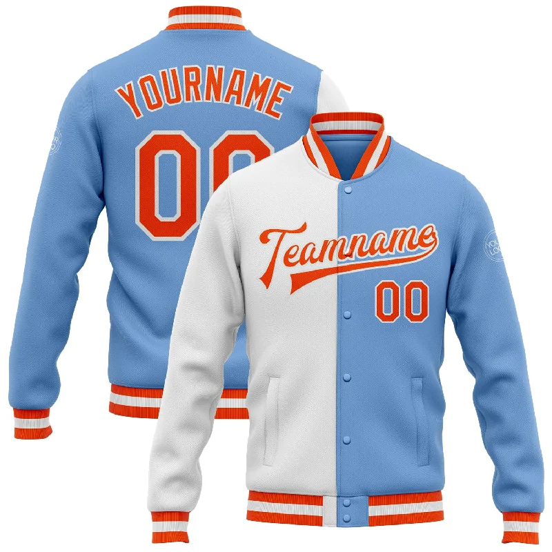 Breathable And Lightweight Unisex Wear Athleisure Style Sale Custom Light Blue Orange-White Bomber Full-Snap Varsity Letterman Split Fashion Jacket