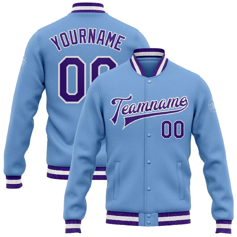 All-Season Unisex Clothing Collection Hot Items Custom Light Blue Purple-White Bomber Full-Snap Varsity Letterman Jacket