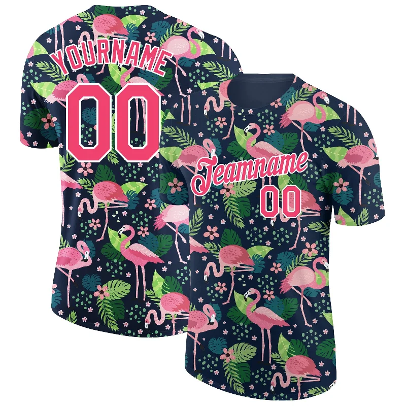 Comfortable Gender-Free Fashion Choices Clearance Sale, All Cheap Custom Navy Neon Pink-White 3D Pattern Design Tropical Hawaii Flamingo Performance T-Shirt