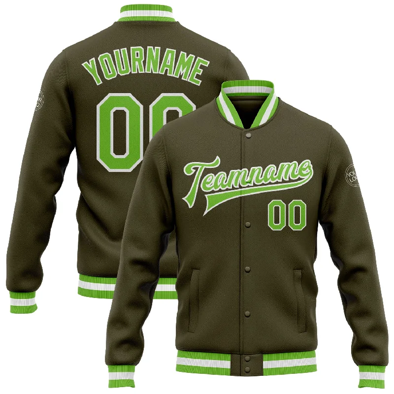 Sleek And Contemporary Gender-Free Outfits Essentials On Sale Custom Olive Neon Green-White Bomber Full-Snap Varsity Letterman Salute To Service Jacket