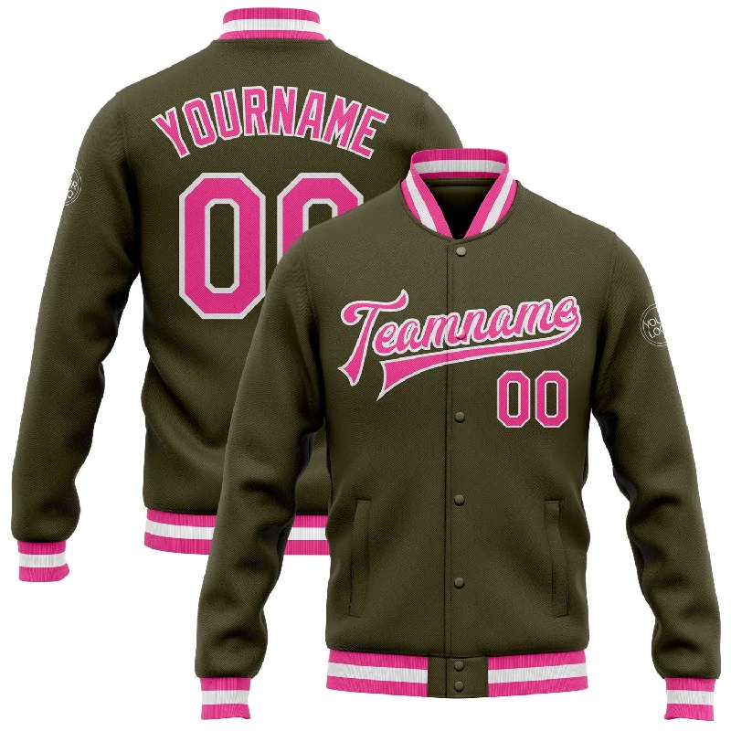 High-Quality Unisex Basics For All Occasions New Season Fashion Preview Sale Custom Olive Pink-White Bomber Full-Snap Varsity Letterman Salute To Service Jacket