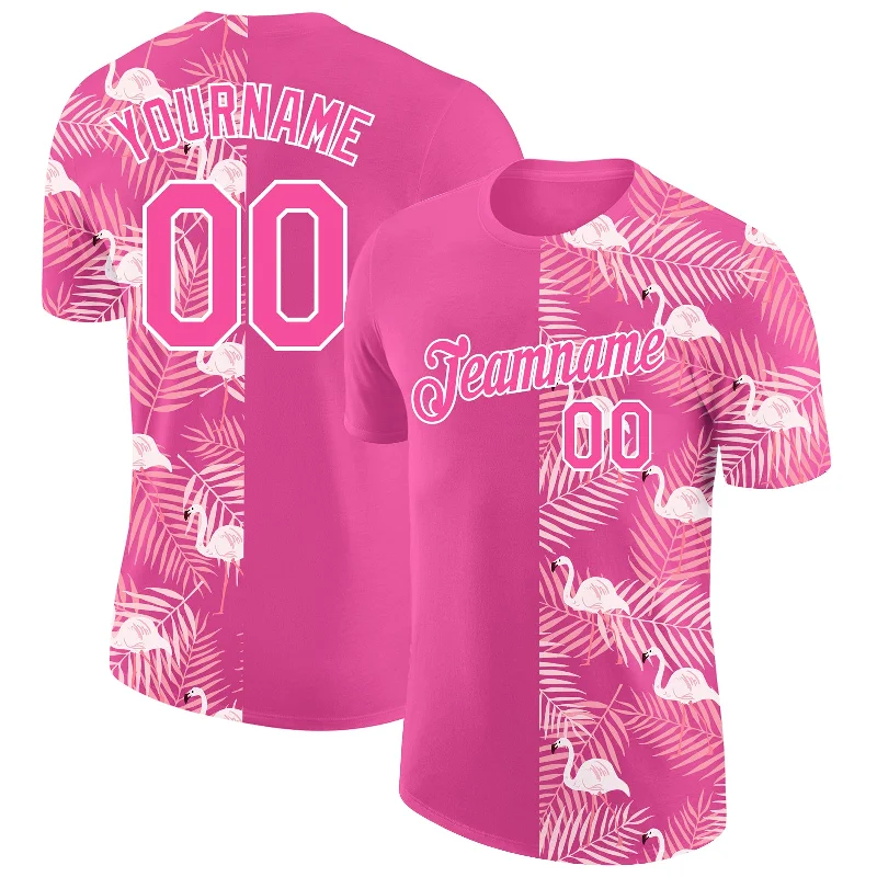 Oversized And Relaxed Unisex Fashion Exclusive Deals Online Custom Pink White 3D Pattern Design Tropical Palm Leaves And Famingo Performance T-Shirt