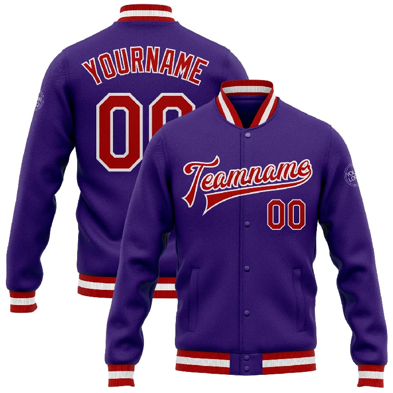 Urban-Inspired Unisex Fashion Pieces Discount Extravaganza Custom Purple Red-White Bomber Full-Snap Varsity Letterman Jacket