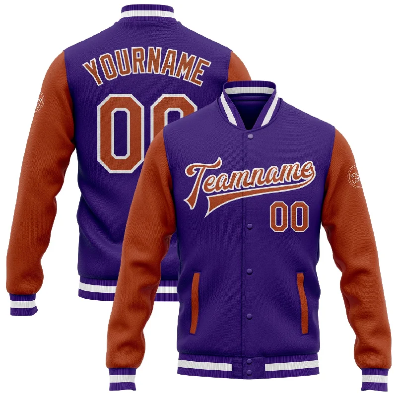 Fashion-Forward Gender-Neutral Outerwear Find Your Unique Flair Custom Purple Texas Orange-White Bomber Full-Snap Varsity Letterman Two Tone Jacket