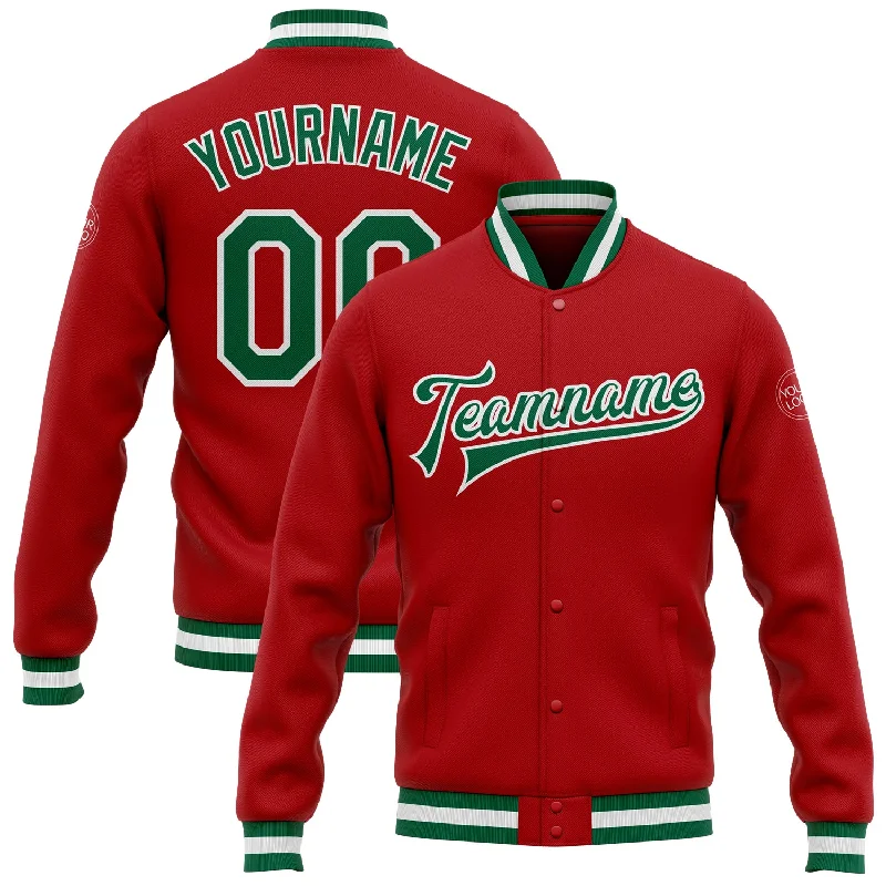 Relaxed-Fit Unisex Clothing Options Gift Ideas Custom Red Kelly Green-White Bomber Full-Snap Varsity Letterman Jacket