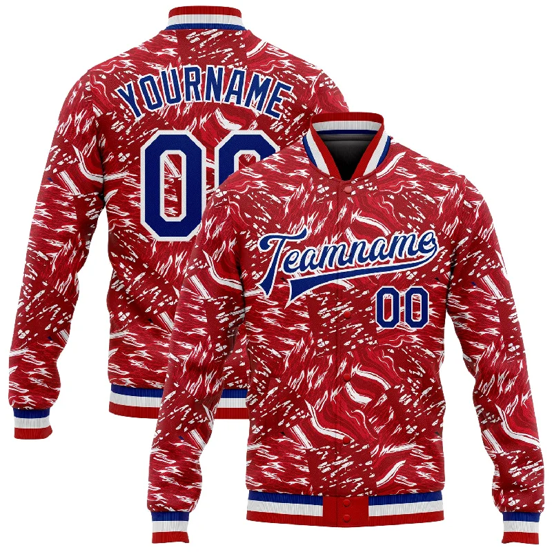 Sleek And Stylish Unisex Outerwear Fashionable Comfort Promotions Custom Red Royal-White 3D Pattern Design Bomber Full-Snap Varsity Letterman Jacket