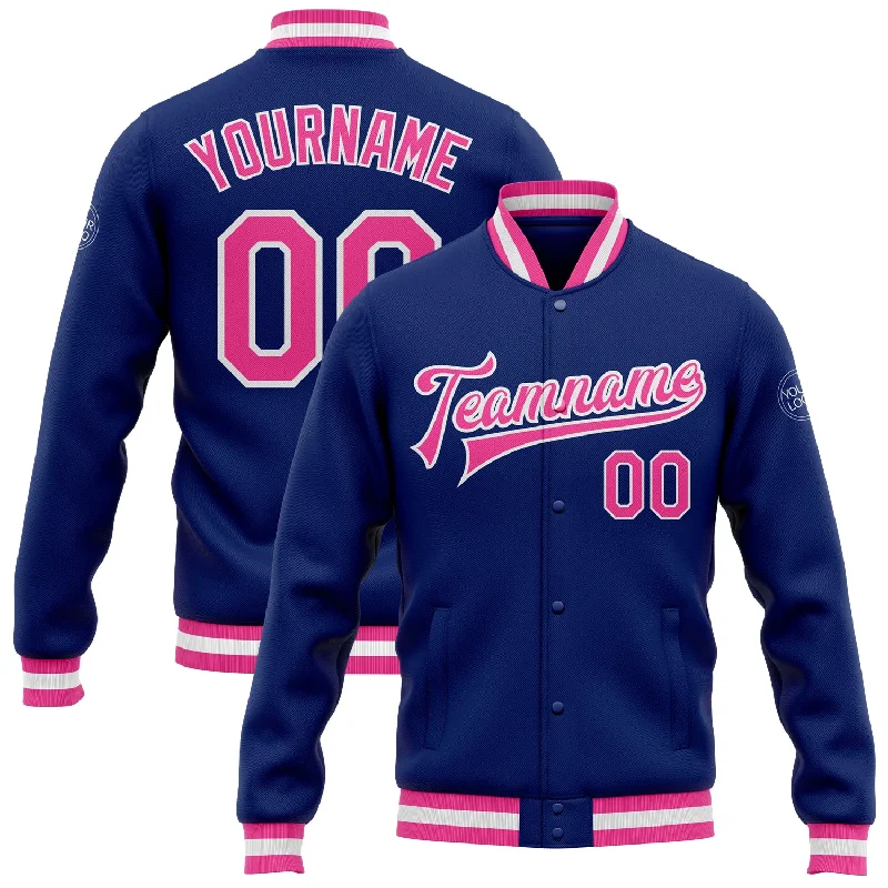 Gender-Neutral Clothing Styles Flash Sales Custom Royal Pink-White Bomber Full-Snap Varsity Letterman Jacket