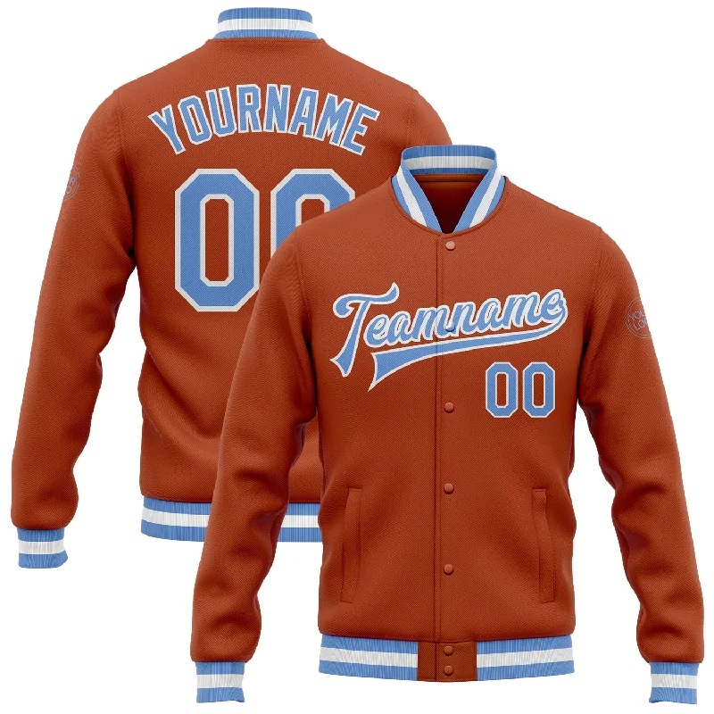 Urban Unisex Fashion Outfits Summer Deals Custom Texas Orange Light Blue-White Bomber Full-Snap Varsity Letterman Jacket