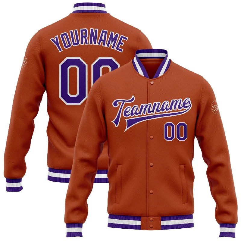 Effortless And Modern Unisex Dressing Sustainable Fashion Extravaganza Custom Texas Orange Purple-White Bomber Full-Snap Varsity Letterman Jacket