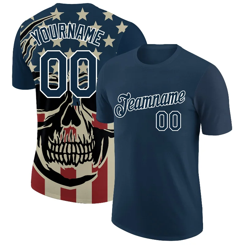 Modern Unisex Clothing For Any Occasion Unleash Your Trendy Side Custom US Navy Blue White 3D Skull With American Flag Performance T-Shirt