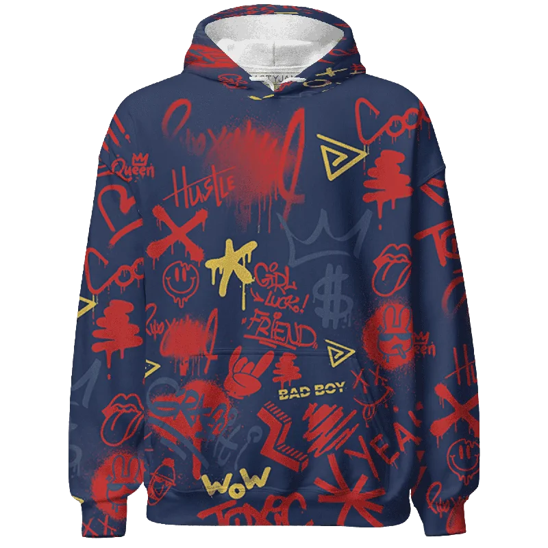 Oversized Unisex Apparel For Effortless Style Casual Fashion NastyJamz VaporMax Plus Midnight Navy Gold Black Hoodie Match Graffiti King Doodle Style All-Over Print